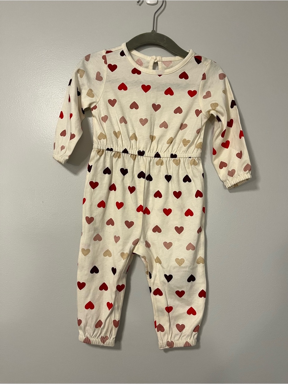 Old Navy Cream Romper with Red, Pink, Tan & Black Heart Print